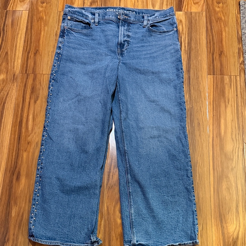 American Eagle Outfitters Dark Blue Wide-Leg Jeans with Side Studs